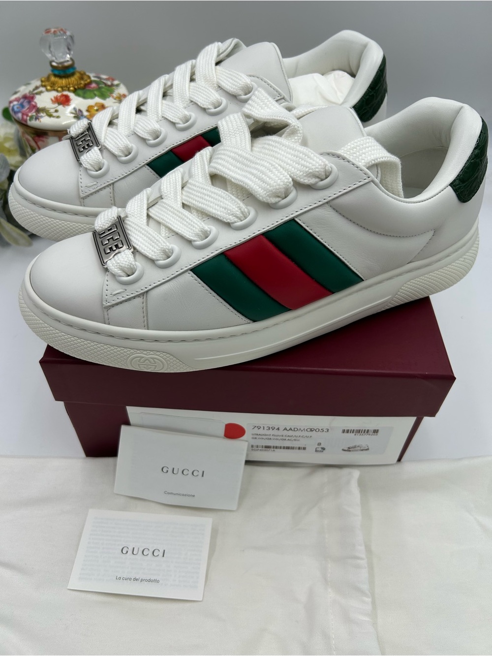 Men's Gucci ACE size 8 fits 9 US Leather sneakers with Green & Red Web Stripe - Picture 5 of 10